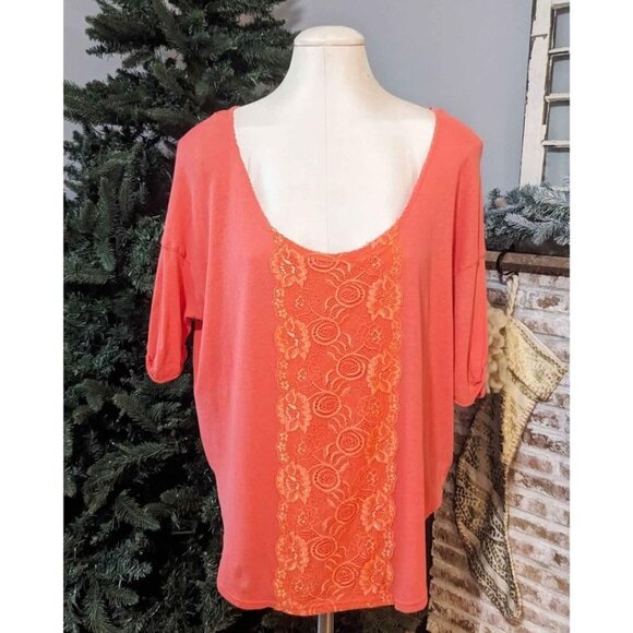 Free People Oversized Coral Orange Lacy Top size Small - Picture 2 of 4